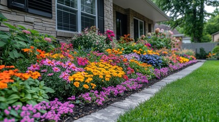 Vibrant flower bed with colorful blooms and lush green lawn.