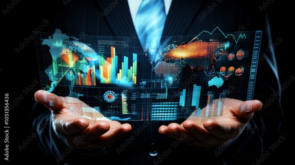 Poster a business professional holds holographic data visualizations, showcasing graphs, charts, and analyt