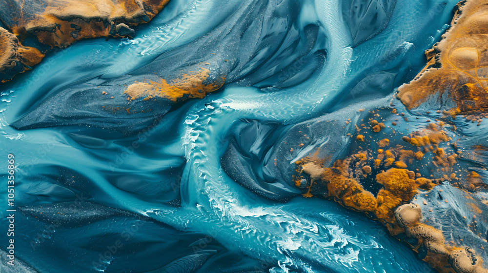 Poster aerial view of abstract patterns in the blue river in iceland. a unique natural landscape. abstract 