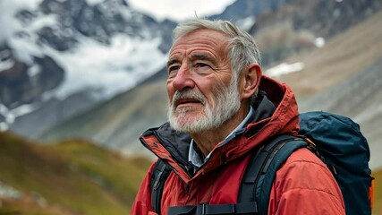 An older man with a gray beard looks up at the snowy mountains while wearing a red jacket
