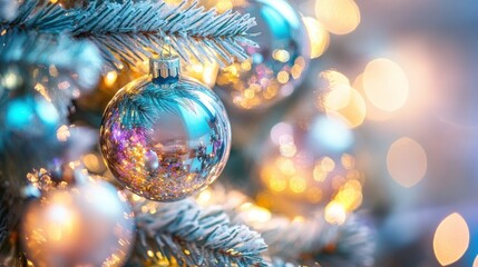 Close-up of sparkling ornament on Christmas tree.