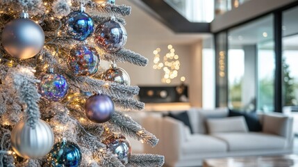 Modern living space with decorated Christmas tree.