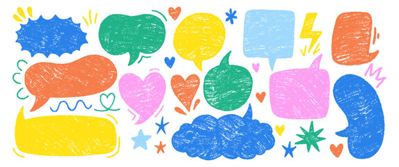 Set of crayon speech bubble or text frames. Colorful pastel, chalk or pencil vector illustration on a white background.