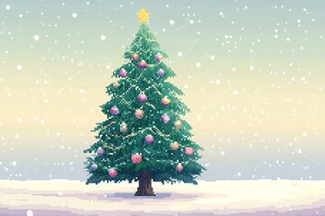 Fototapeta premium Pixel art Christmas tree with star, snowfall, and pastel sky