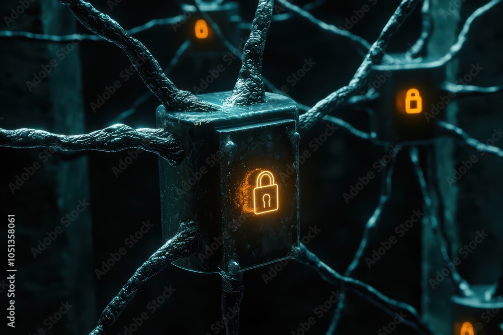 Aufkleber a futuristic digital network with glowing lock icons symbolizing security and connectivity.