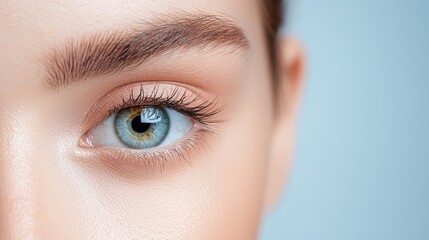 Obraz premium Close-up of a beautiful blue eye with detailed eyelashes and smooth skin, highlighting natural beauty.