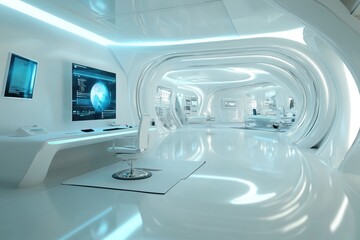 A futuristic office with a white desk and chair