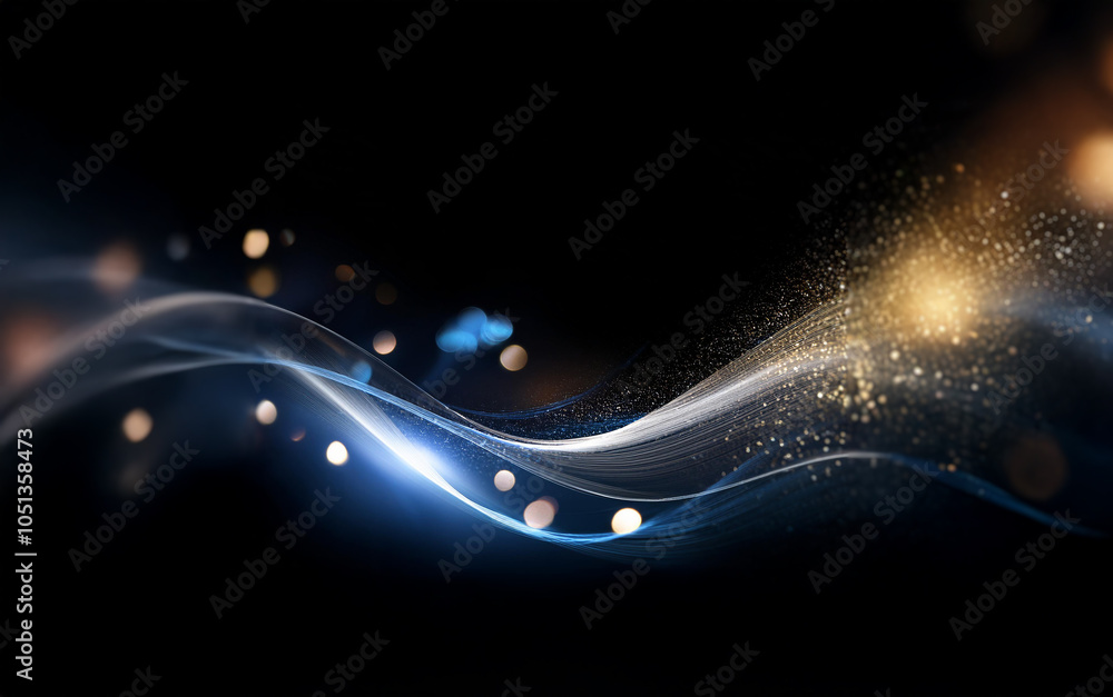 Poster a blue and gold abstract design featuring a wave-like shape and bokeh lights against a black backgro