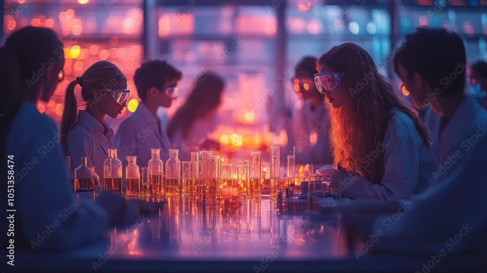 Poster students conducting experiments in a colorful laboratory setting.