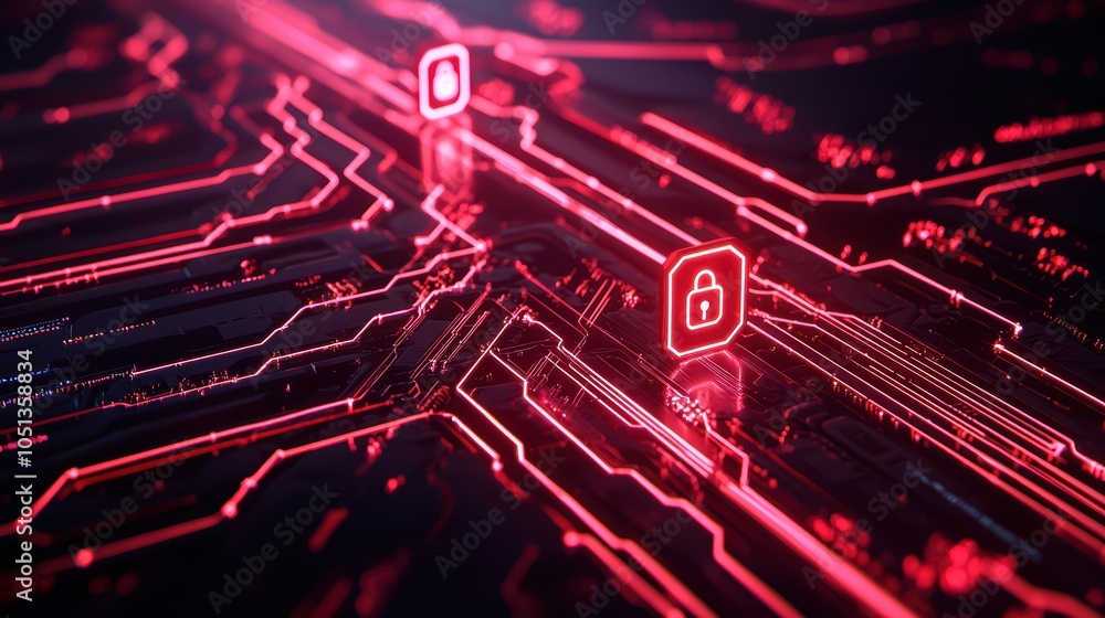 Poster abstract digital circuit board with glowing lock icons for cybersecurity concepts.