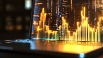Radiant orange graphs displayed on a shining laptop