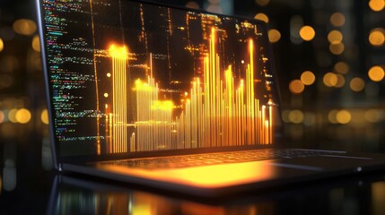 Laptop display with glowing data bars at night