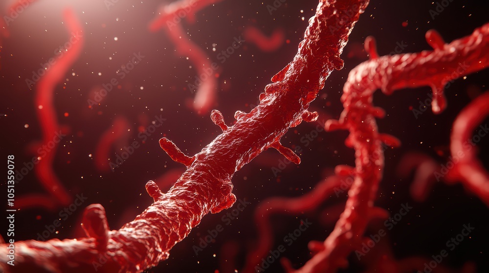 Poster abstract visualization of red cellular structures against a dark background, depicting intricate bio