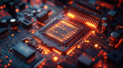 Fototapeta premium Close-up of a glowing microprocessor on a circuit board.