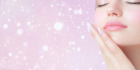 Naklejka premium Woman Gently Massaging Her Face with Essential Fatty Acids, Nourishing Skin with Particles Swirling Around for Ultimate Hydration and Rejuvenation