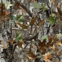 Oak Tree Bark Oak Leaves Hunting Camo Pattern, Seamless Camouflage Foliage Texture