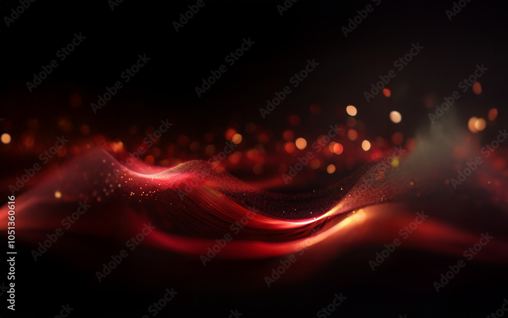 Poster abstract digital art with red and orange glowing waves and bokeh effects.
