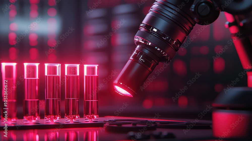 Poster close-up of a microscope analyzing test tubes in a high-tech lab environment with vibrant red lighti