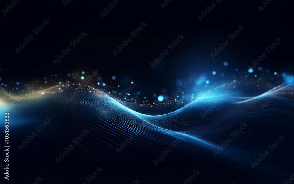 Poster Abstract digital artwork with a blue and gold wave-like pattern with bokeh effect on a dark background.