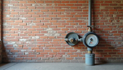 Industrial pressure gauge mounted on a brick wall in a vintage warehouse setting
