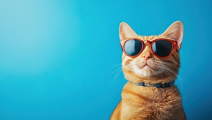 A ginger cat wearing sunglasses against an isolated blue background
