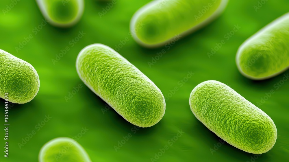 Poster close-up view of green bacteria on a textured surface, showcasing their unique shapes and structures