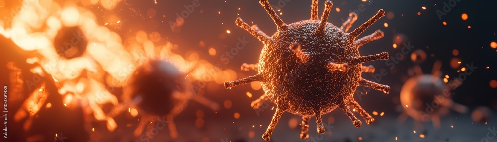 Poster close-up view of virus particles in dynamic motion on a dark background.