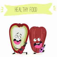 Cute chompu fruits, rose apple, Malabar plum characters, funny fruits, different activities. Flat vector illustration. Organic food, healthy food, illustrations for kids menu, invitations.