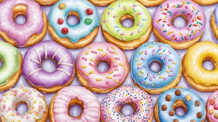 Colorful assortment of donuts with different frostings and sprinkles on a vibrant background.