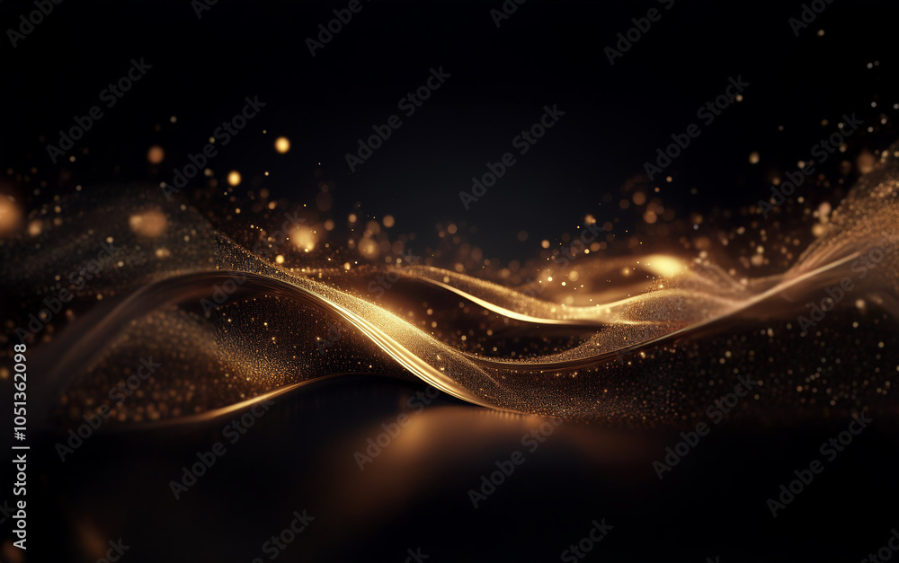 Aufkleber abstract flowing waves of golden light on a dark background with scattered gold dust particles.