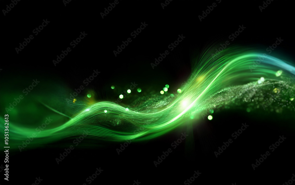 Aufkleber a glowing green wave with sparkling particles moves across a black background.