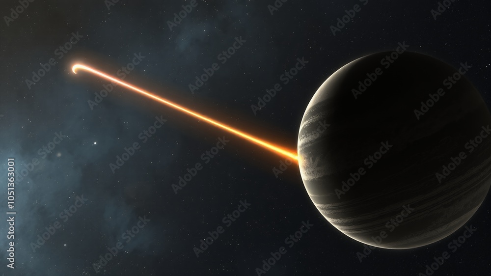 Canvas Prints A beam of light shines past a large planet in space.