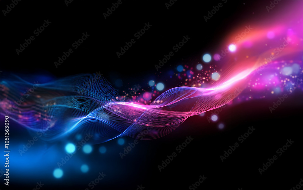 Poster A vibrant abstract design featuring a flowing wave of light with glowing particles in a dark background.