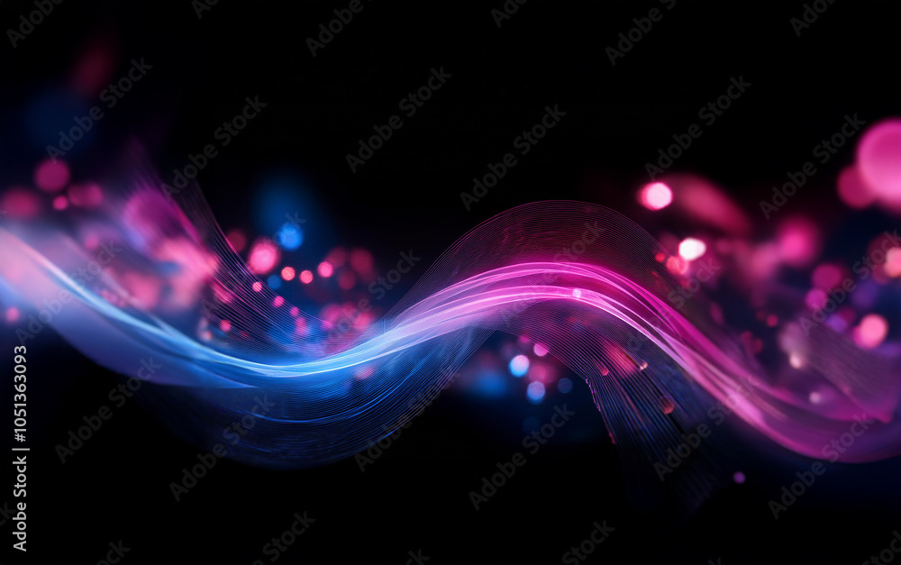 Poster abstract background with a blue and pink wavy line against a dark background with bokeh lights.