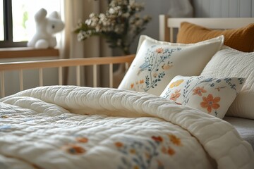 Cozy bedroom with floral bedding and natural light for a serene ambiance