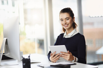 Business woman, tablet and portrait with smile, tech and writing intern with social media. Office,...