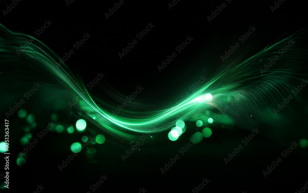 Poster a vibrant green light wave flows across a dark background with bokeh effects.