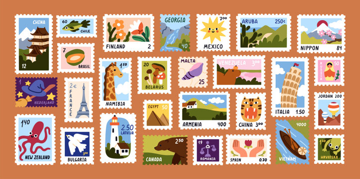 Post stamps set. Travel mail stickers, postage cards with world landmarks, landscapes, architecture, symbols of different countries. Postal souvenirs, philately. Isolated flat vector illustrations