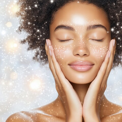 Naklejka premium Beauty Portrait of a Model with Hands Close to Her Face, Enveloped in a Soothing Halo of Hydrating Moisturizer Particles