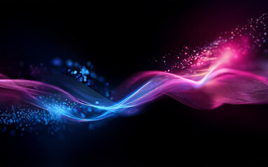 Abstract digital art featuring blue and pink flowing lines and glowing particles against a dark background.
