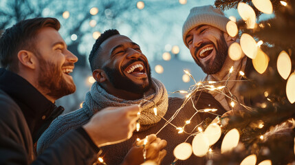 Three friends joyfully decorating a Christmas tree with lights, embracing the festive spirit of the season.