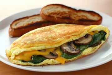 Delicious mushroom and spinach omelette served with toasted bread on a white plate.