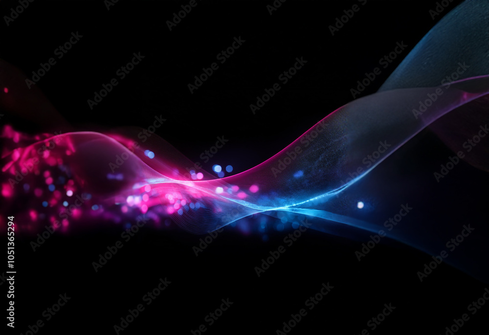 Poster two abstract wavy lines of pink and blue light with glowing particles against a black background.