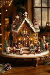 Obraz premium Christmas gingerbread house with christmas tree and gift boxs fantasy fairy tale world background