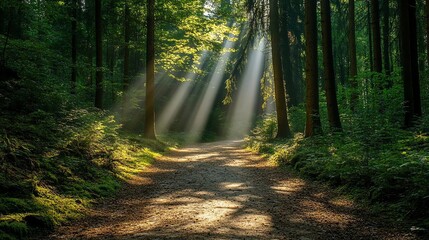Fototapeta premium Sunlit forest path in a serene woodland.