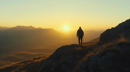 Obraz premium Hiker at sunrise on mountain peak scenery.