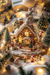 Fototapeta premium Christmas gingerbread house with christmas tree and gift boxs fantasy fairy tale world background