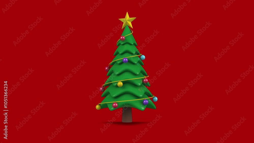 Poster cartoon 3d christmas tree with ornaments rotating around on red color background, looping animation.