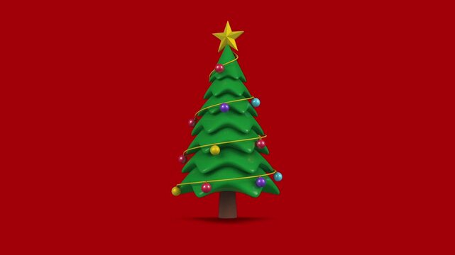 Cartoon 3D Christmas tree with ornaments rotating around on red color background, Looping animation.