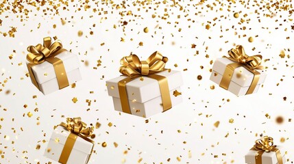 Merry New Year and Merry Christmas 2022 white gift boxes with golden bows and gold sequins confetti on white background. Gift boxes flying and falling. generative ai